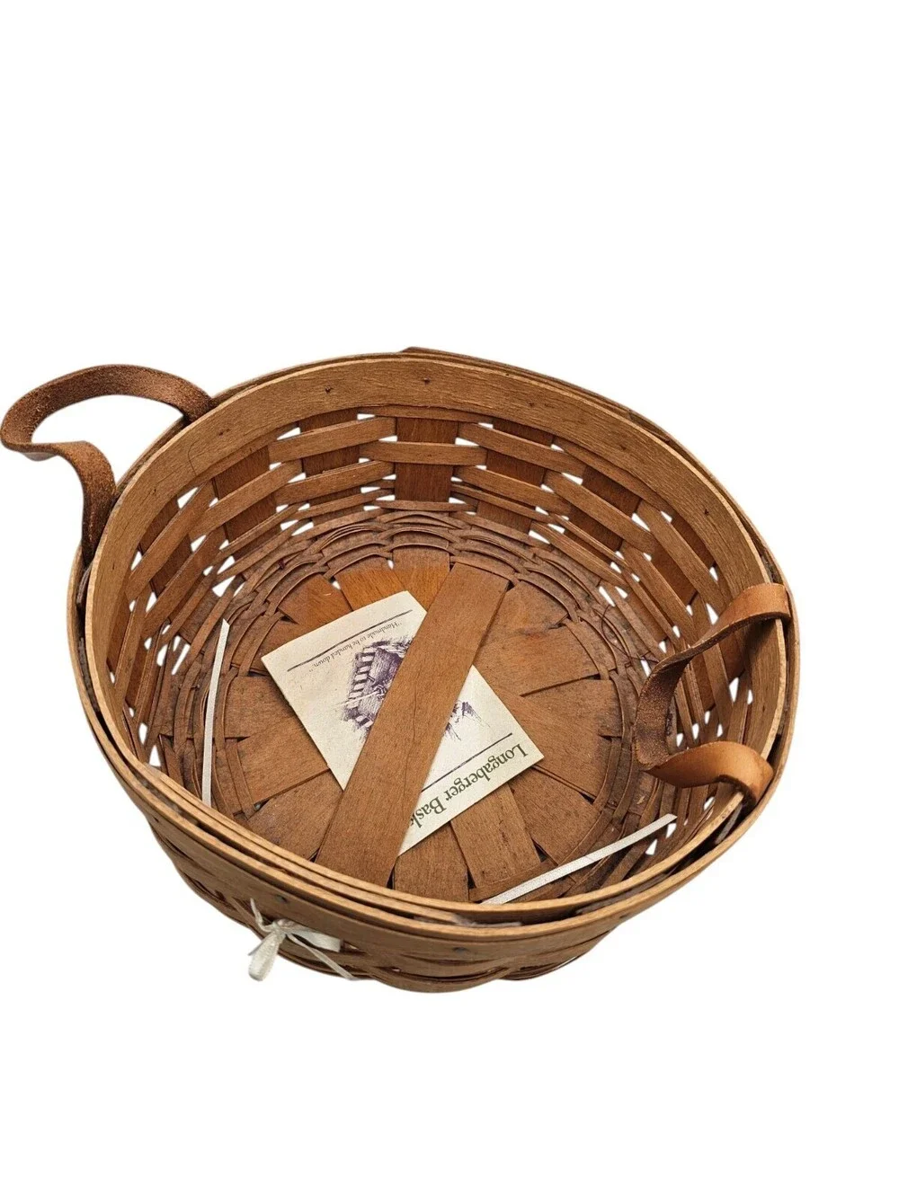vintage Longaberger round darning basket with leather handles